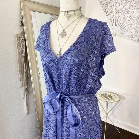 Plus size 2X Early 2000s Whimsical Purple Fairy Lace Satin Bow Formal Prom Dress - Picture 4 of 6